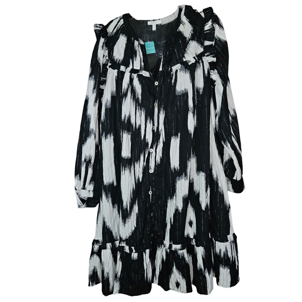 Maurices Dress Womens Medium Black White Ikat Metallic Lurex Boho Tiered New